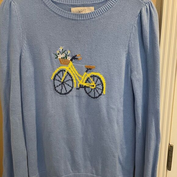 LOFT Women’s Sky Blue Bicycle and Flowers Embroidered Long Sleeve Sweater M - Picture 2 of 11